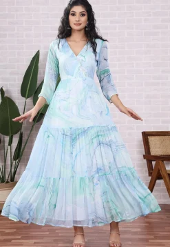 Marbel Printed Chiffon Abaya Style Suit in Light Blue and Light Green