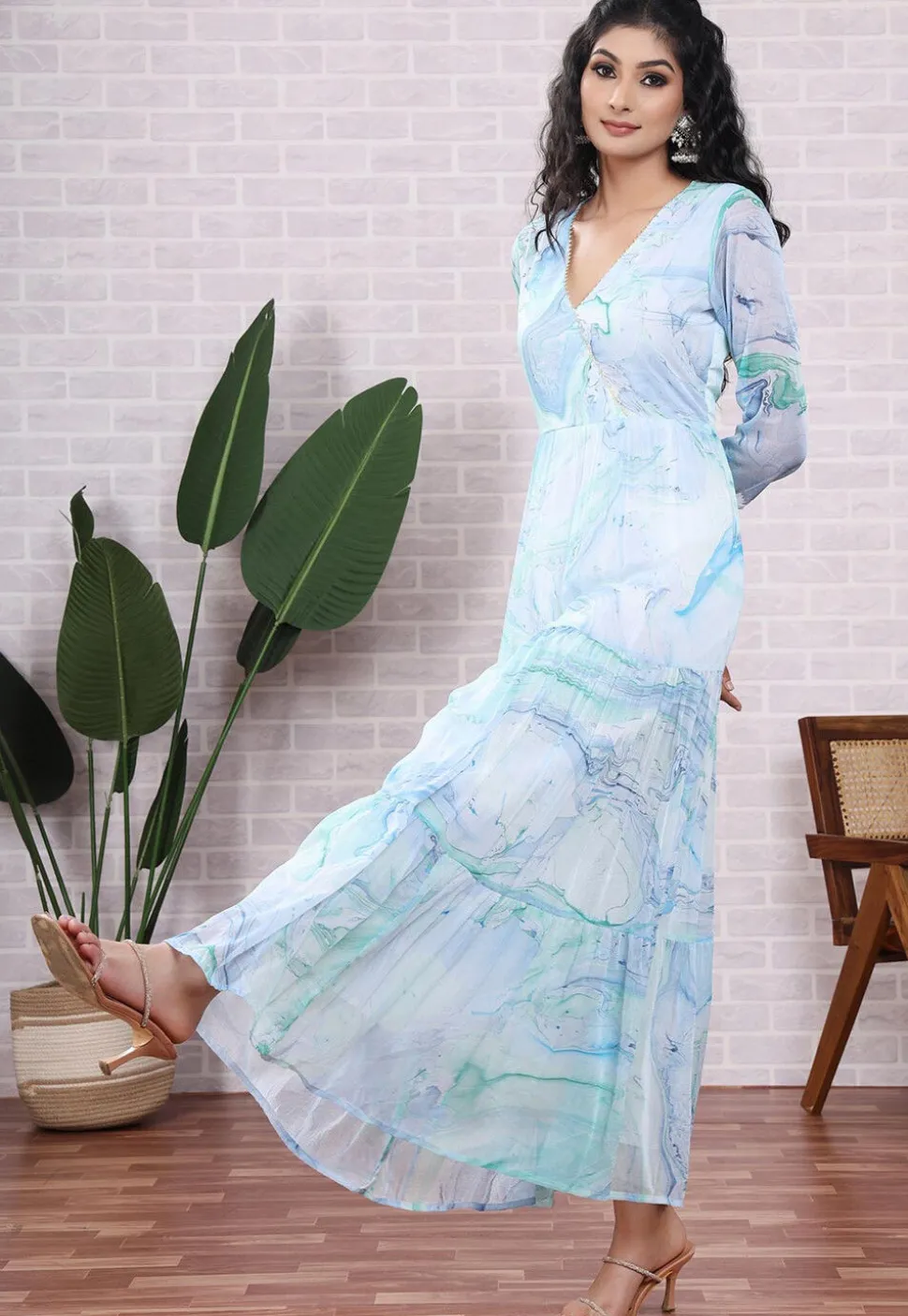 Marbel Printed Chiffon Abaya Style Suit in Light Blue and Light Green