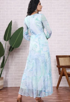 Marbel Printed Chiffon Abaya Style Suit in Light Blue and Light Green