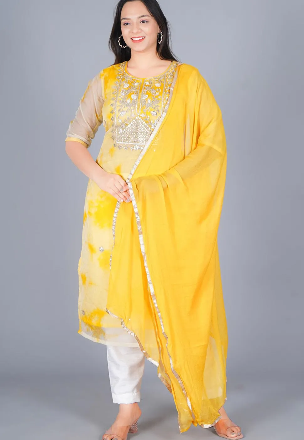 Marble Dyed Organza Straight Suit in Mustard