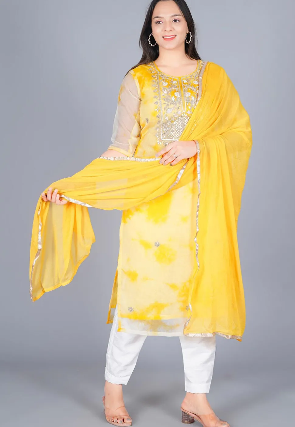 Marble Dyed Organza Straight Suit in Mustard