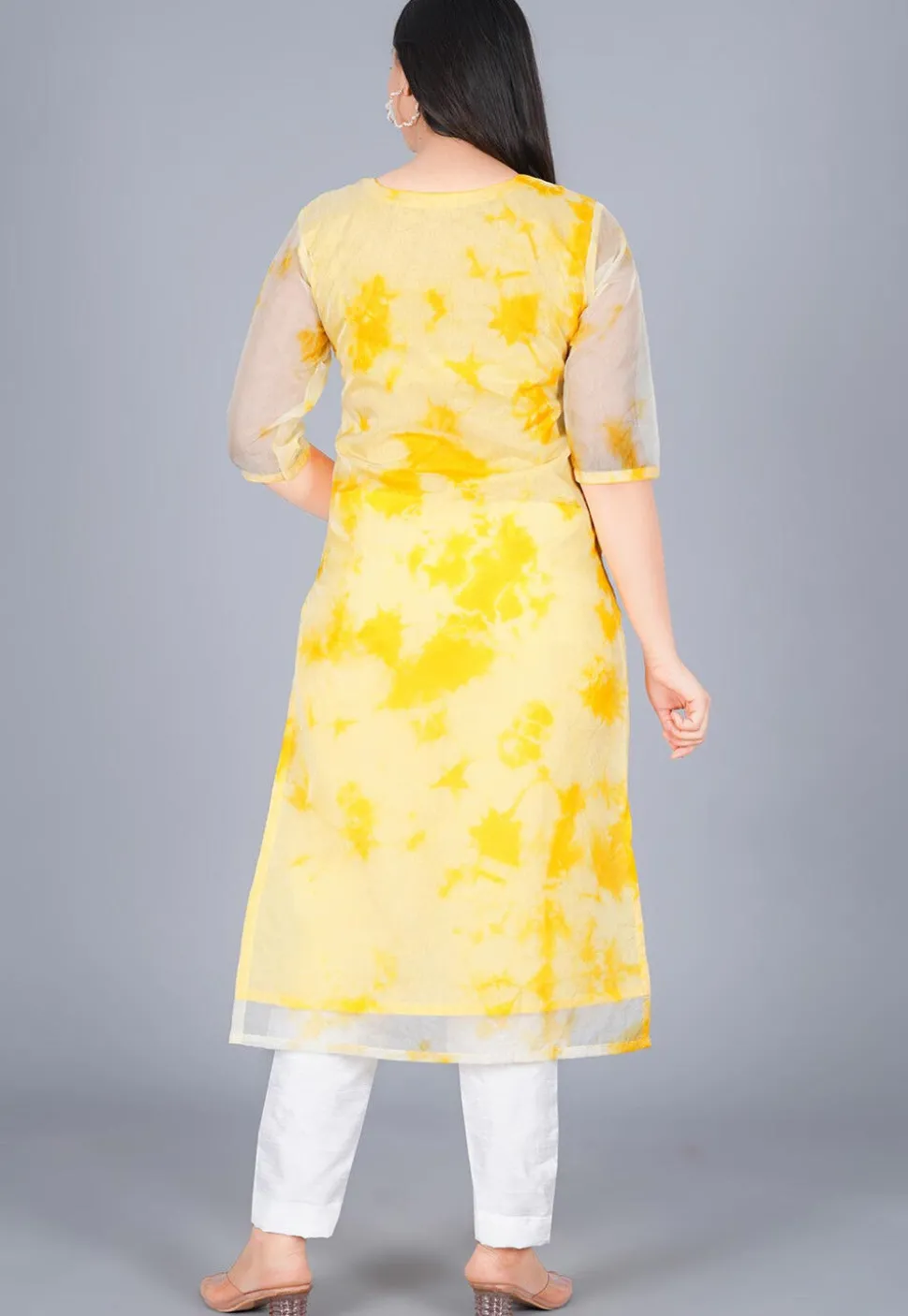 Marble Dyed Organza Straight Suit in Mustard