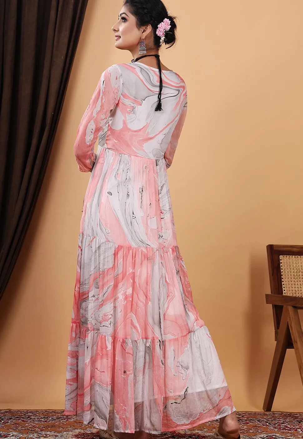 Marble Printed Chiffon Abaya Style Suit in Pink and Grey