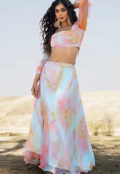 Marble Printed Georgette Lehenga in Multicolor