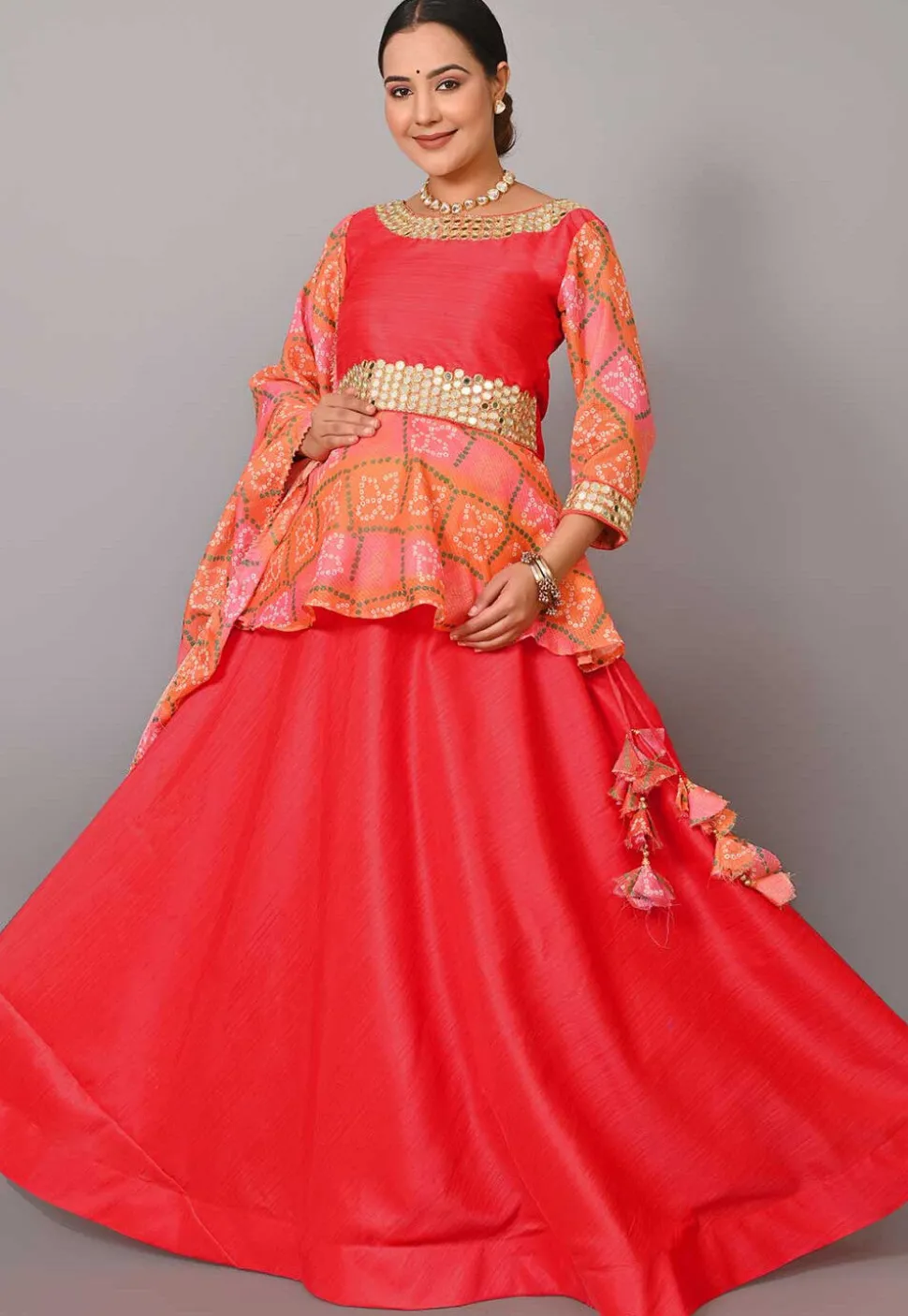 Maternity Art Silk Lehenga in Coral Red