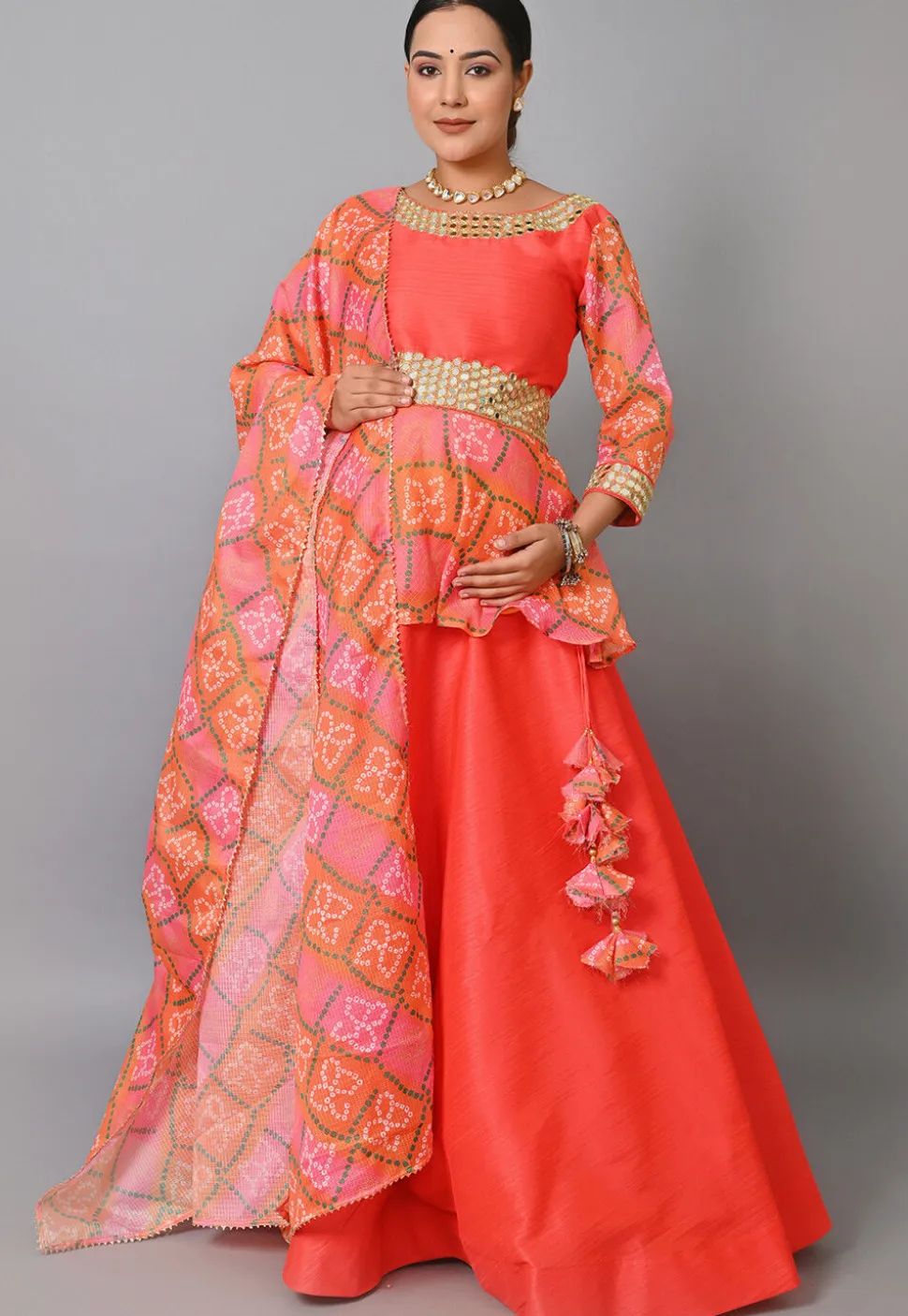 Maternity Bandhej Printed Art Silk Lehenga in Orange