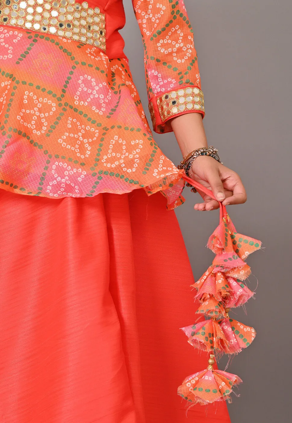 Maternity Bandhej Printed Art Silk Lehenga in Orange
