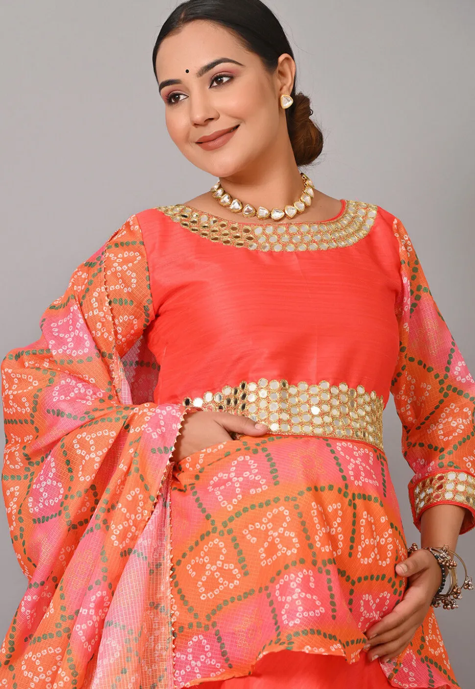 Maternity Bandhej Printed Art Silk Lehenga in Orange