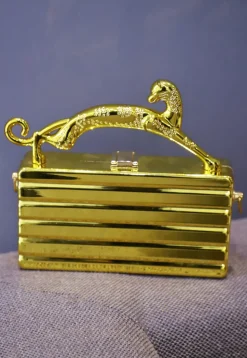 Metallic Metal Rectangular Clutch Bag in Golden