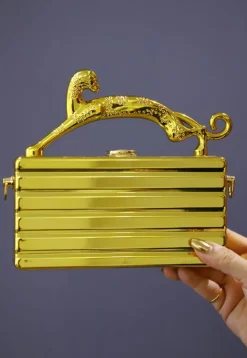 Metallic Metal Rectangular Clutch Bag in Golden