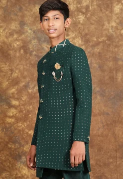 Mukesh Embroidered Georgette Sherwani in Dark Green