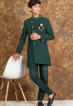 Mukesh Embroidered Georgette Sherwani in Dark Green