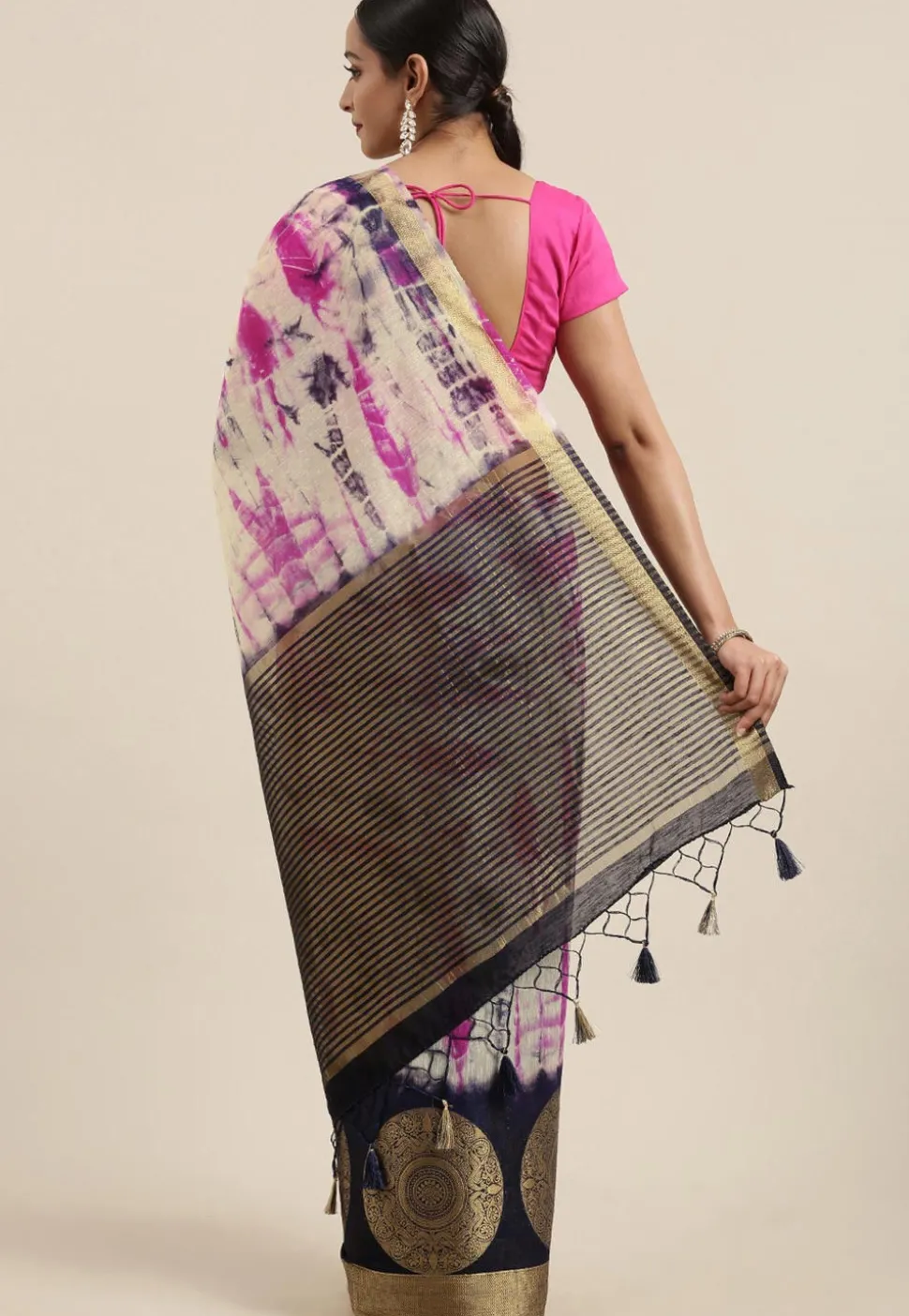 Mysore Tie N Dye Linen Silk Saree in Off White