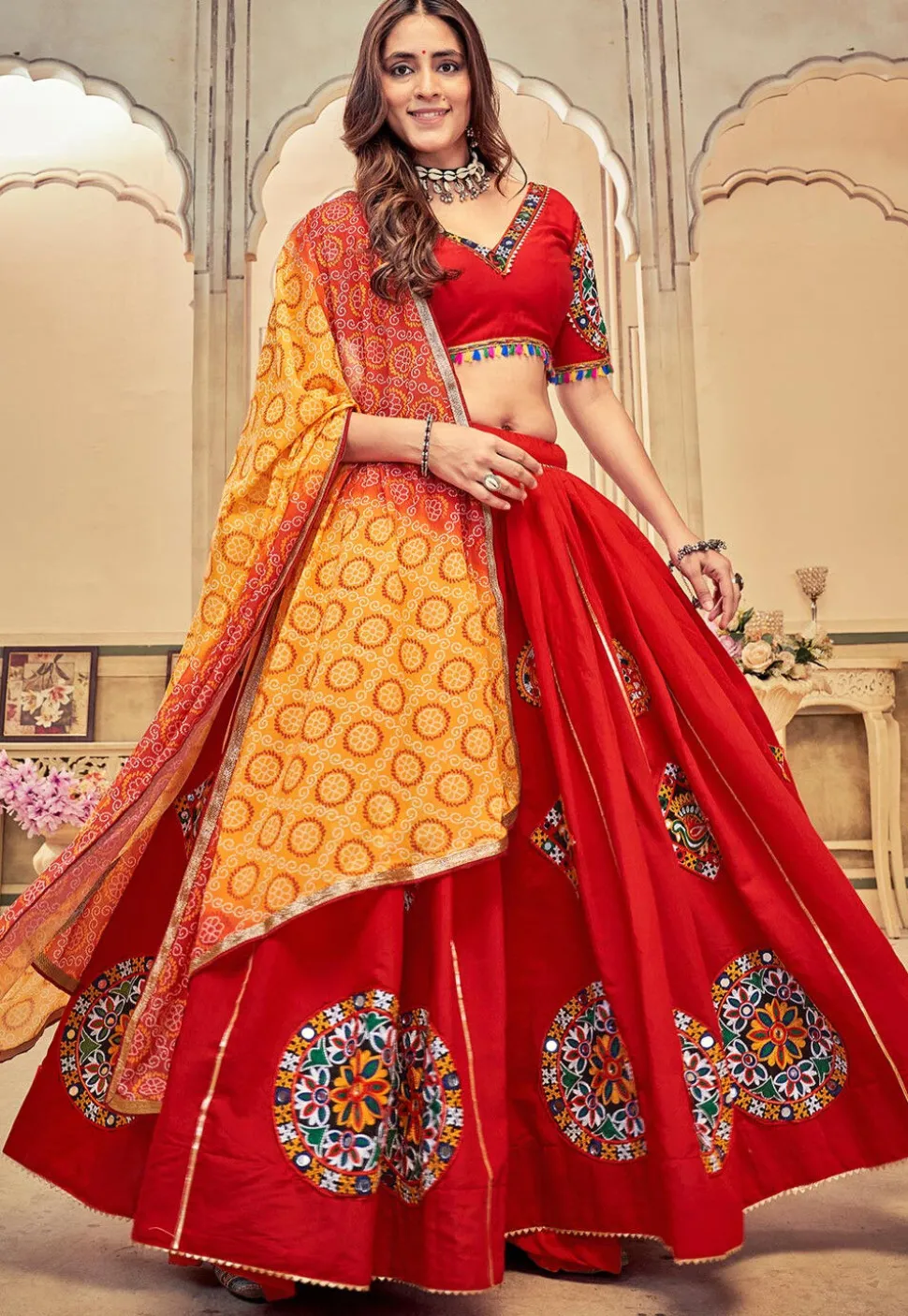 Navratri Kutch Cotton Silk Lehenga in Red