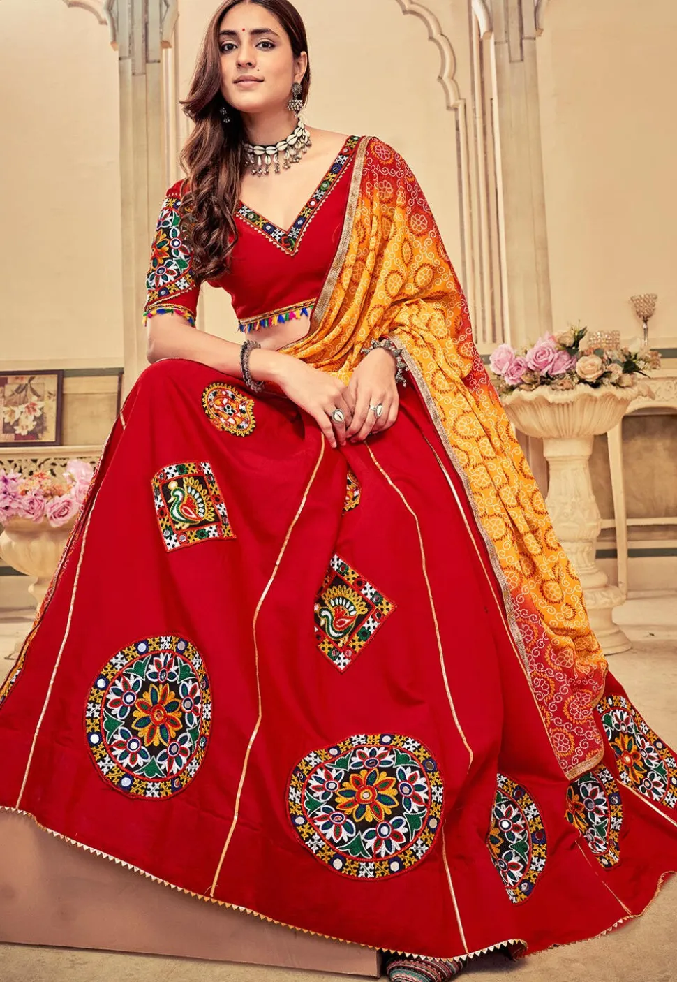 Navratri Kutch Cotton Silk Lehenga in Red
