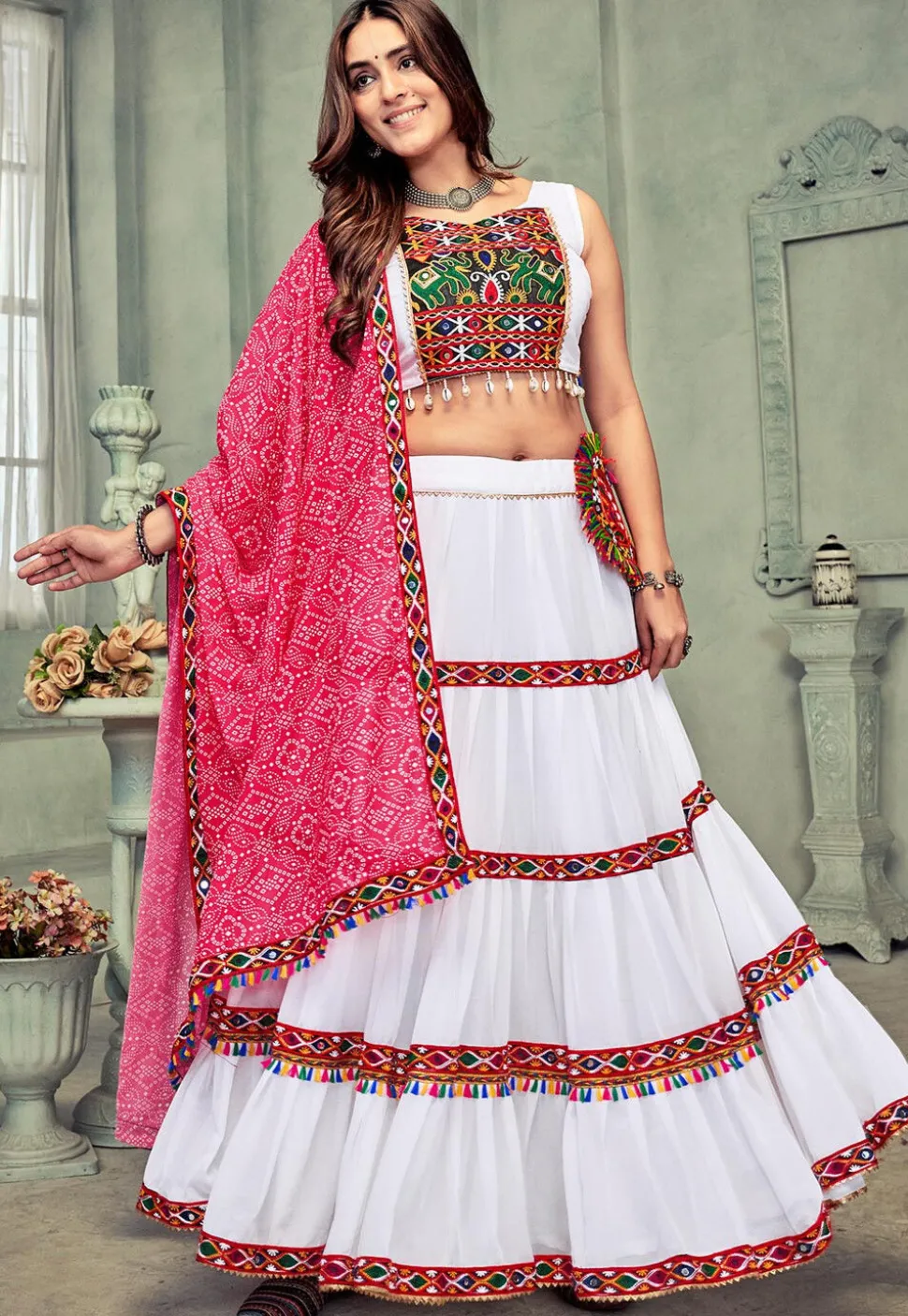 Navratri Kutch Georgette Tiered Lehenga in White