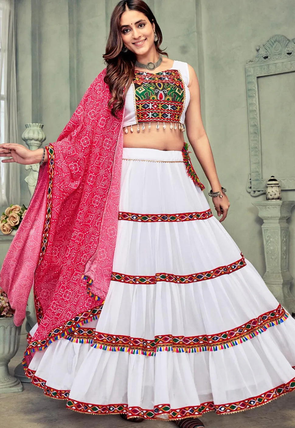 Navratri Kutch Georgette Tiered Lehenga in White