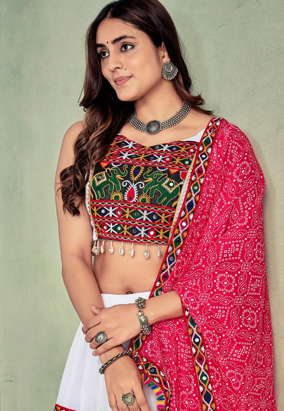 Navratri Kutch Georgette Tiered Lehenga in White
