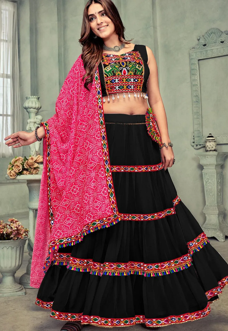Navratri Kutch Georgette Lehenga in Black