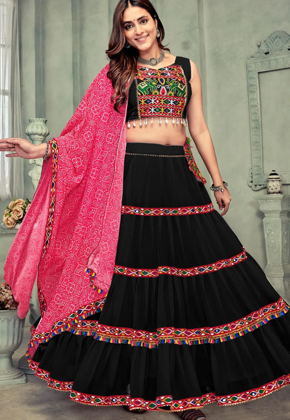 Navratri Kutch Georgette Lehenga in Black