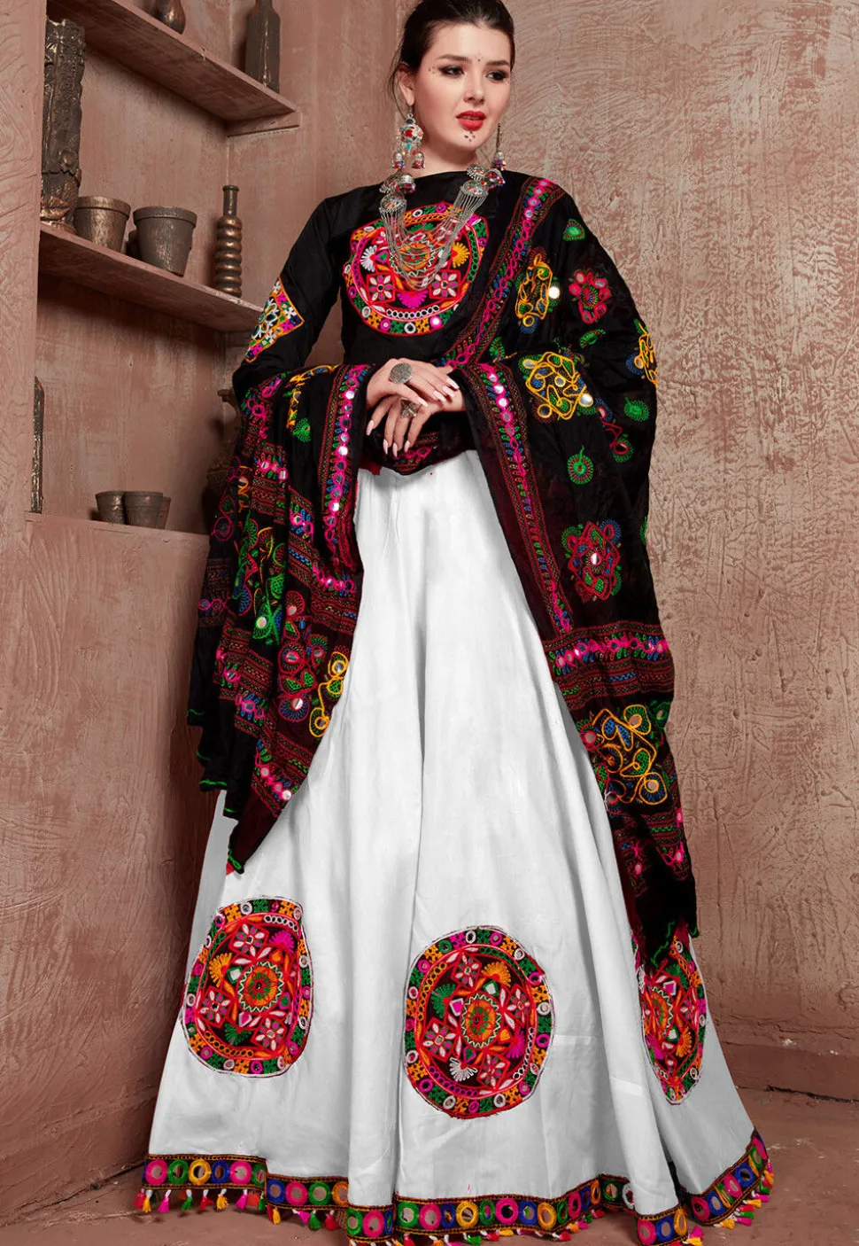 Navratri Special Art Silk Lehenga in Off White
