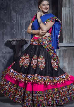 Navratri Special Art Silk Layered Lehenga in Black and Pink