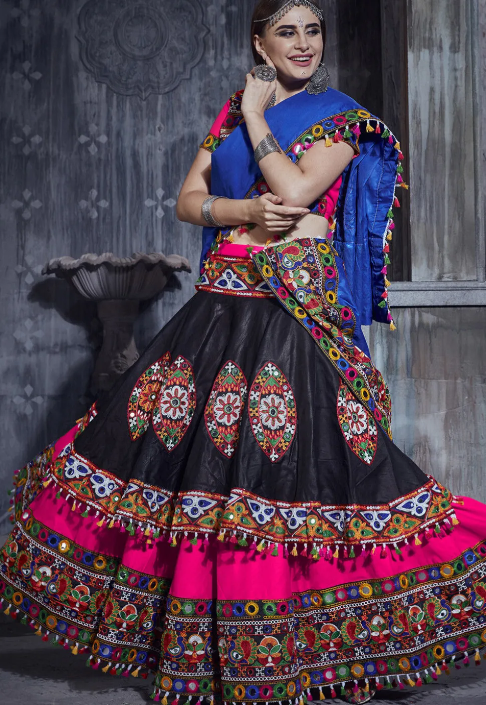 Navratri Special Art Silk Layered Lehenga in Black and Pink