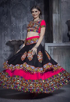 Navratri Special Art Silk Layered Lehenga in Black and Pink