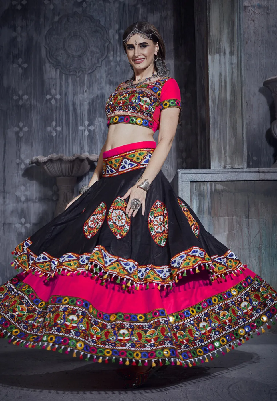 Navratri Special Art Silk Layered Lehenga in Black and Pink