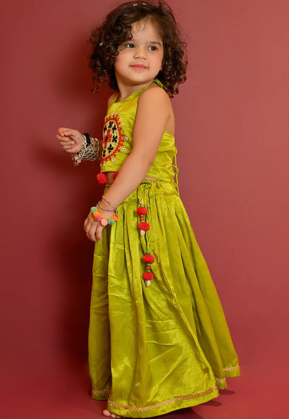 Navratri Special Art Silk Lehenga in Light Olive Green