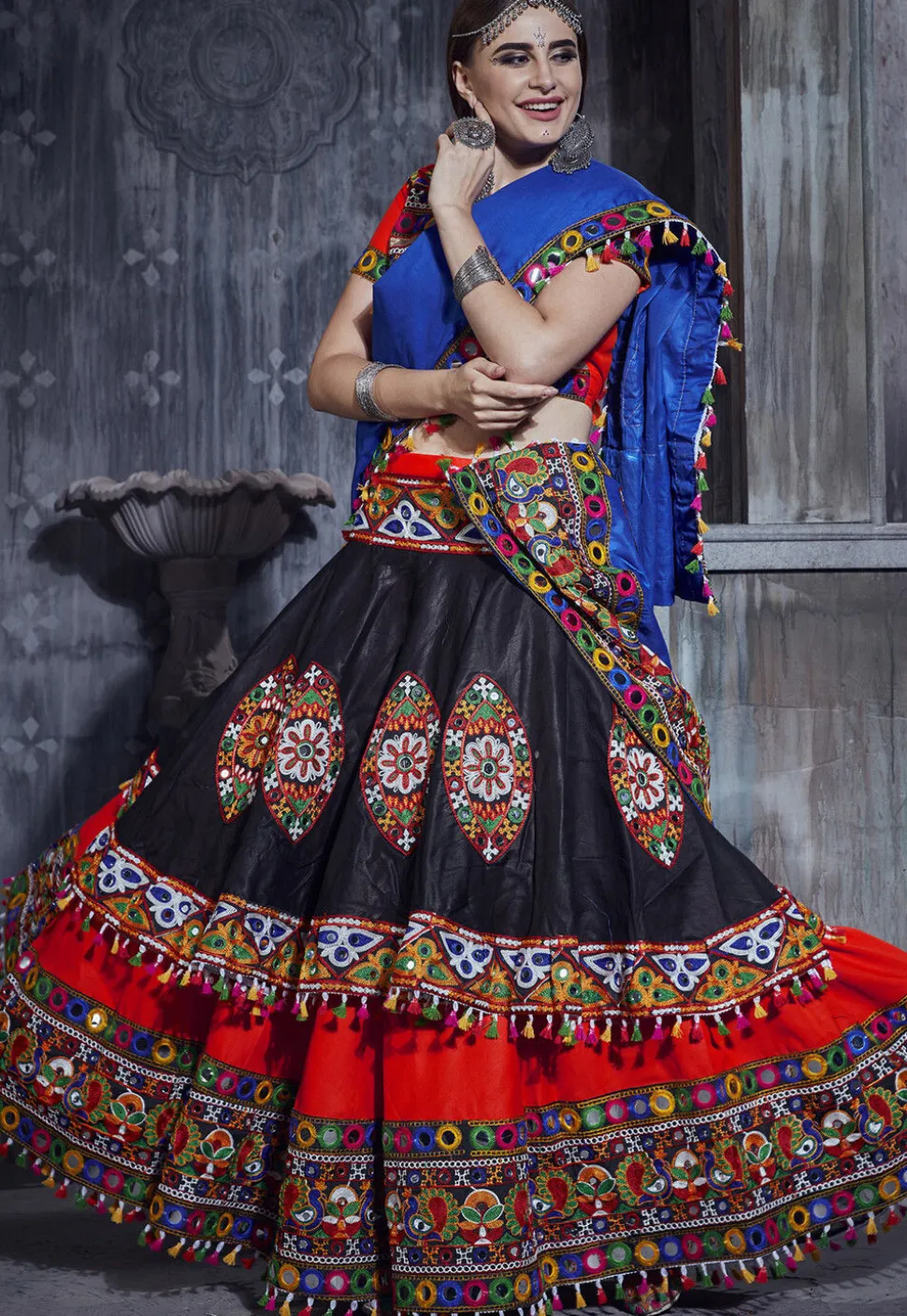 Navratri Special Art Silk Layered Lehenga in Black and Red