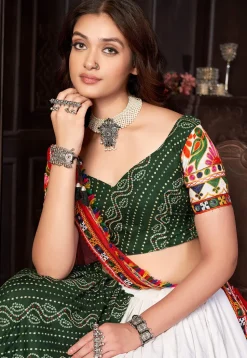 Navratri Special Art Silk Lehenga in Dark Green and Off White