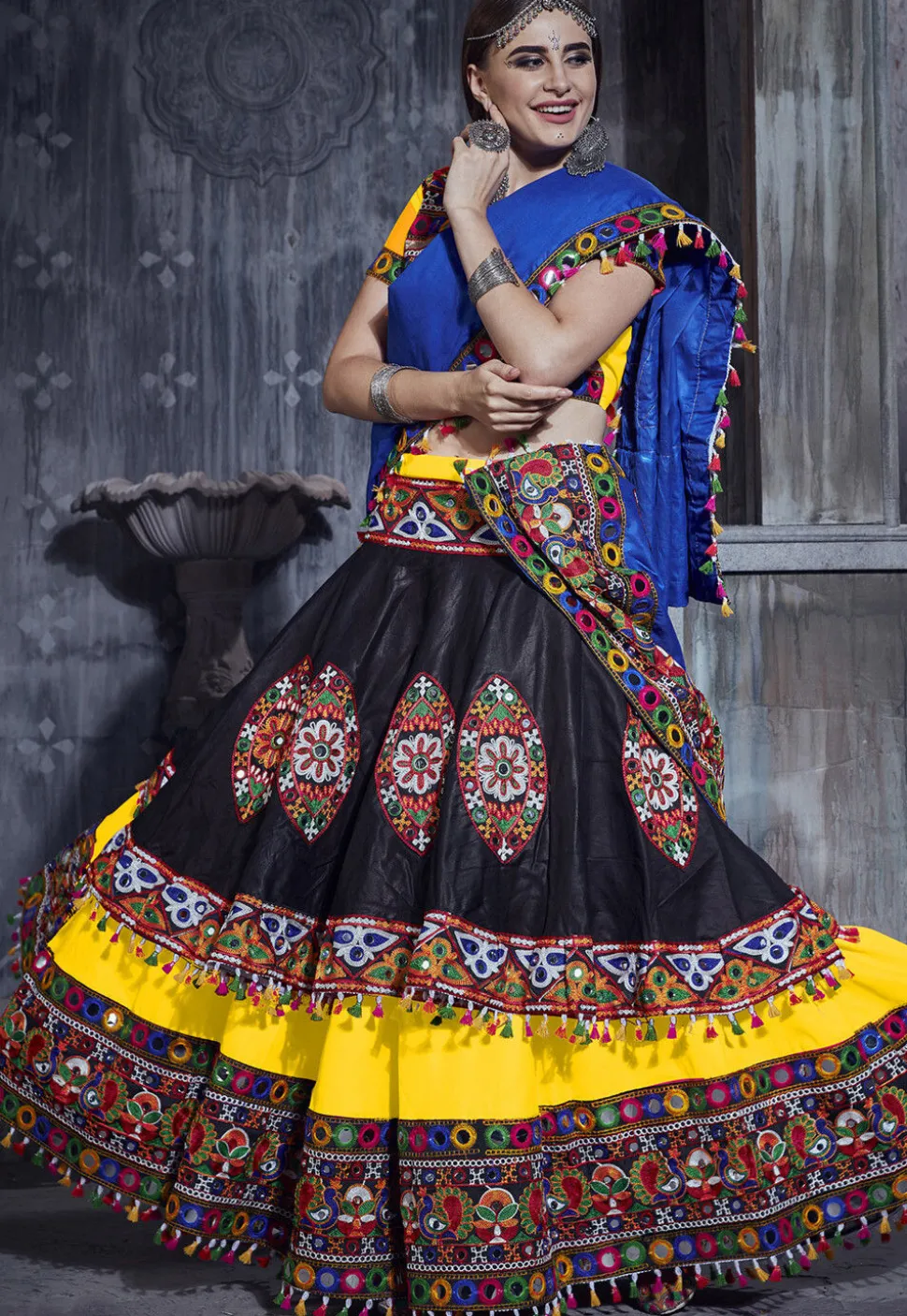 Navratri Special Art Silk Layered Lehenga in Black and Yellow