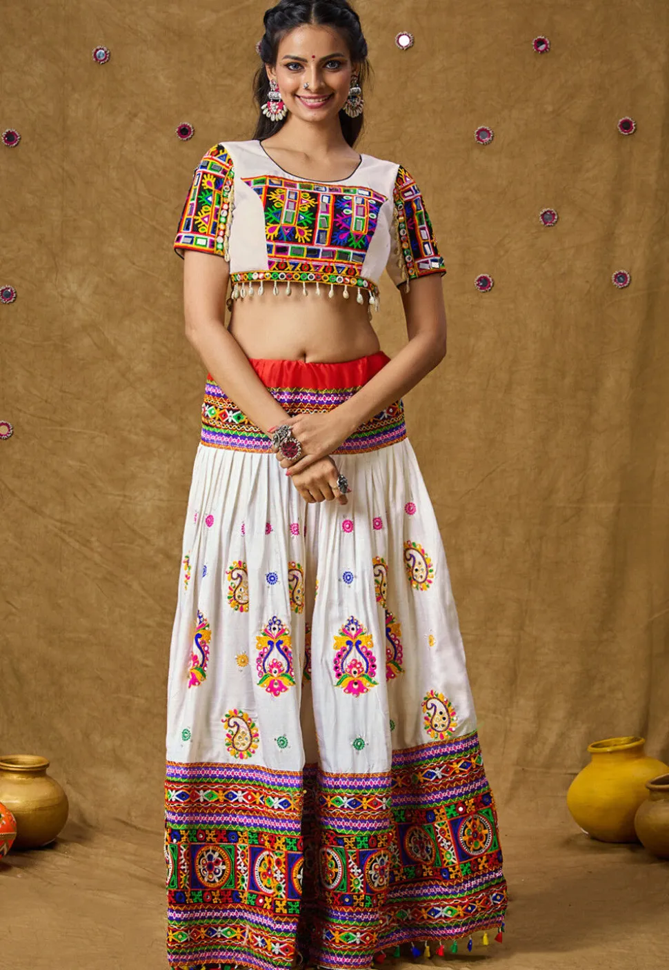 Navratri Special Cotton Rayon Skirt in Off White