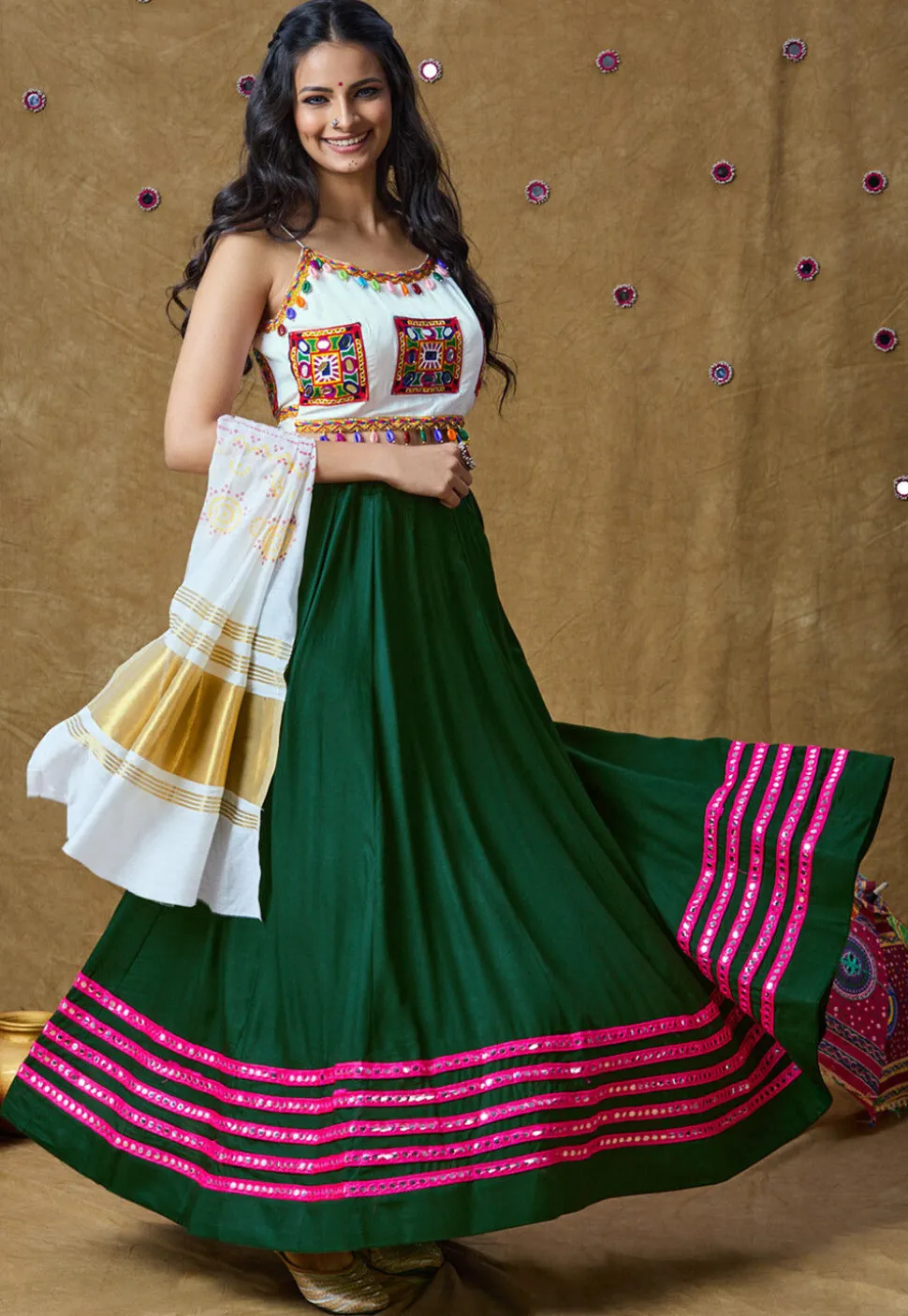Navratri Special Cotton Rayon Skirt in Dark Green