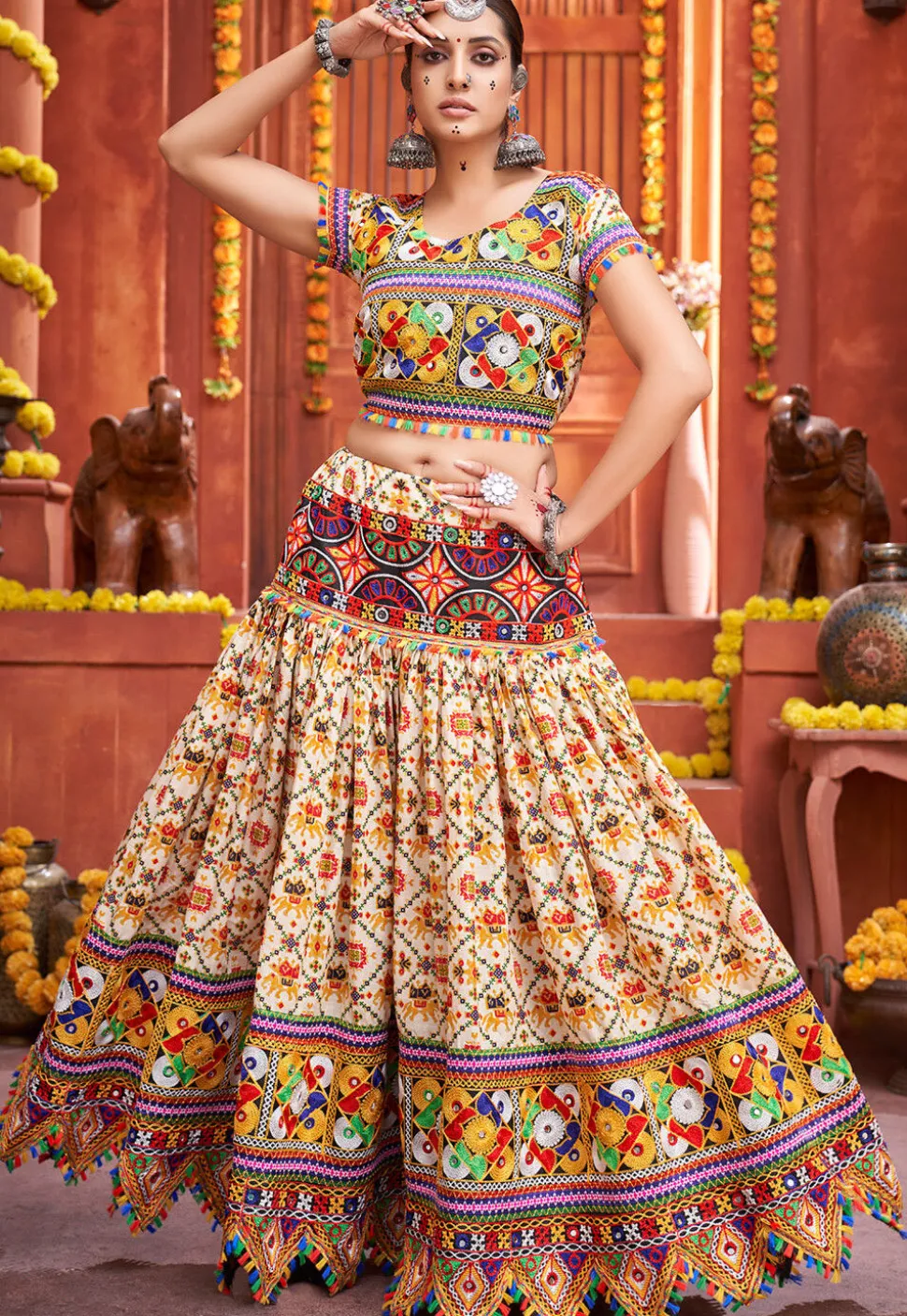 Navratri Special Cotton Silk Lehenga in Cream