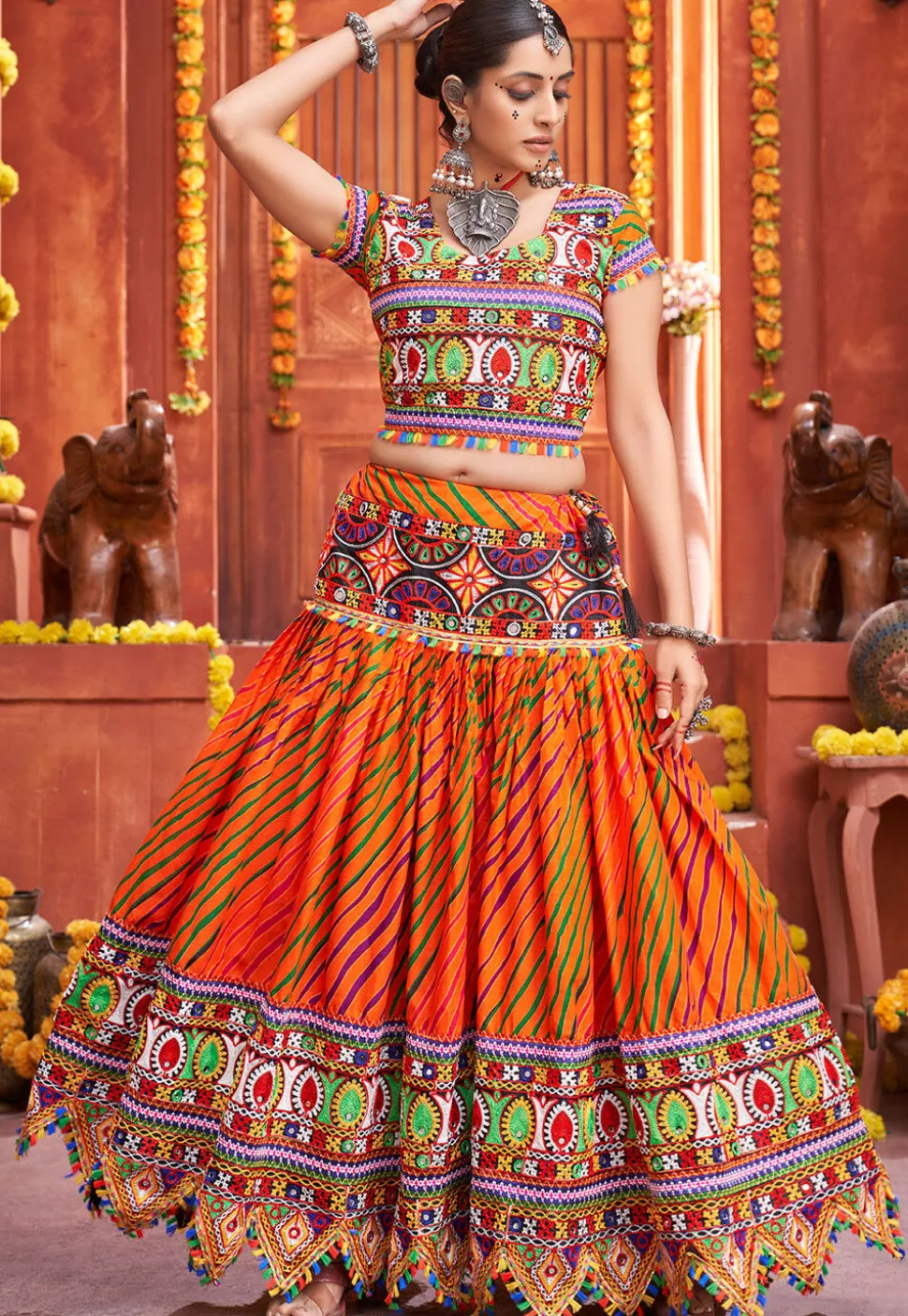 Navratri Special Cotton Silk Lehenga in Orange