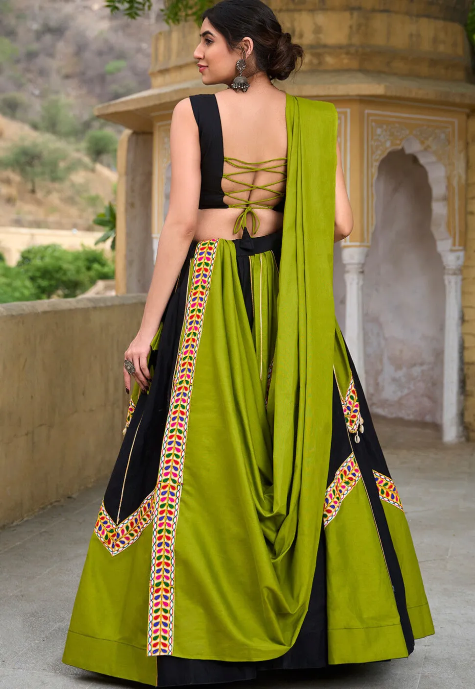 Navratri Special Pure Cotton Lehenga in Black and Light Green