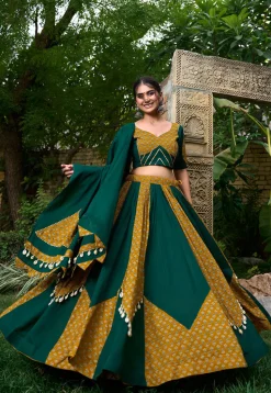 Navratri Special Pure Cotton Lehenga in Mustard and Dark Green
