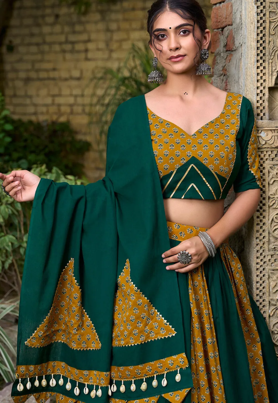 Navratri Special Pure Cotton Lehenga in Mustard and Dark Green