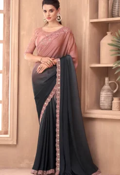 Ombre Chiffon Saree in Peach and Black