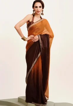 Ombre Chiffon Saree in Shaded Orange and Brown