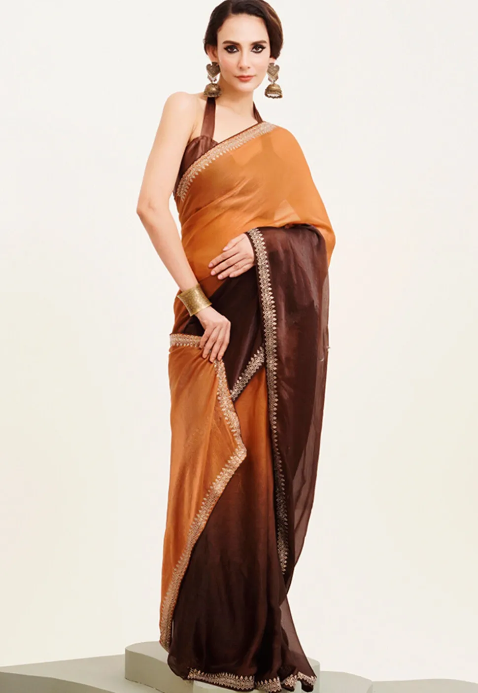 Ombre Chiffon Saree in Shaded Orange and Brown