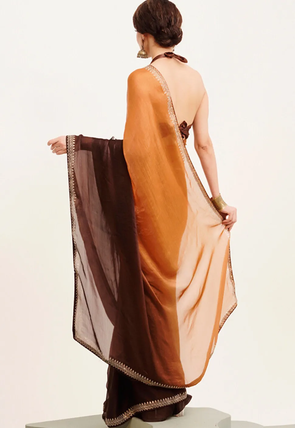 Ombre Chiffon Saree in Shaded Orange and Brown