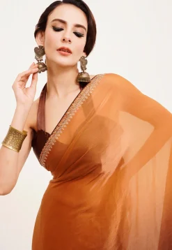 Ombre Chiffon Saree in Shaded Orange and Brown