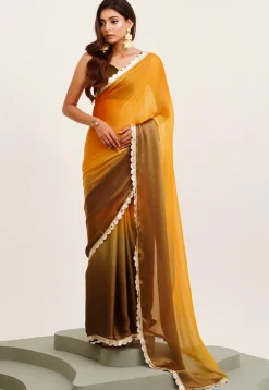 Ombre Chiffon Saree in Shaded Mustard and Olive Green