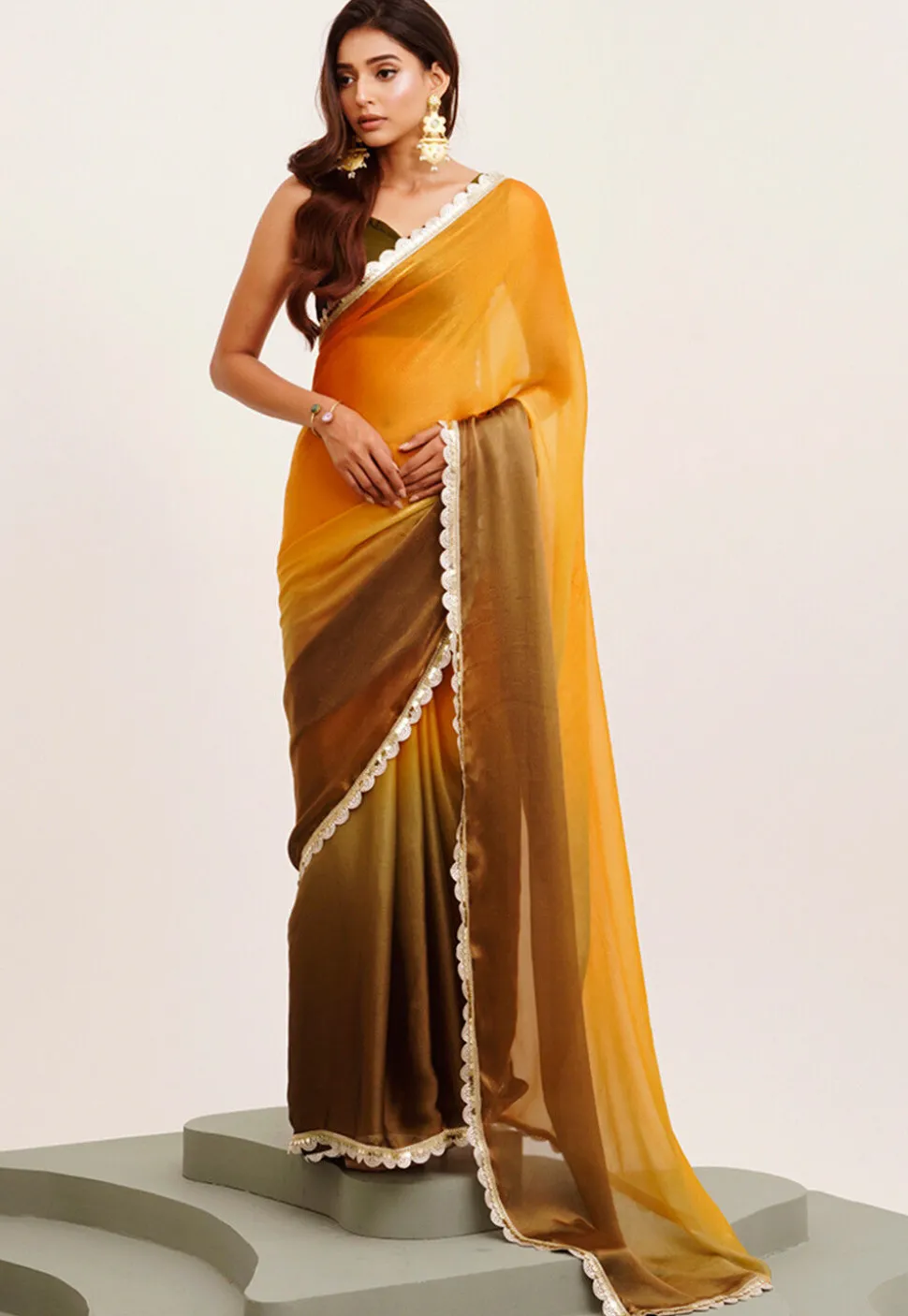 Ombre Chiffon Saree in Shaded Mustard and Olive Green