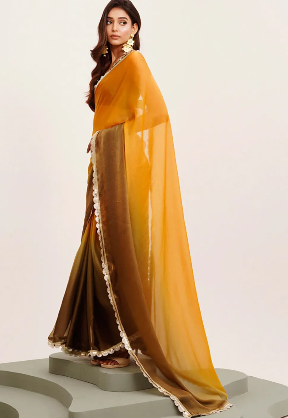 Ombre Chiffon Saree in Shaded Mustard and Olive Green