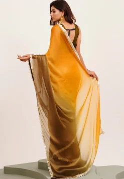 Ombre Chiffon Saree in Shaded Mustard and Olive Green