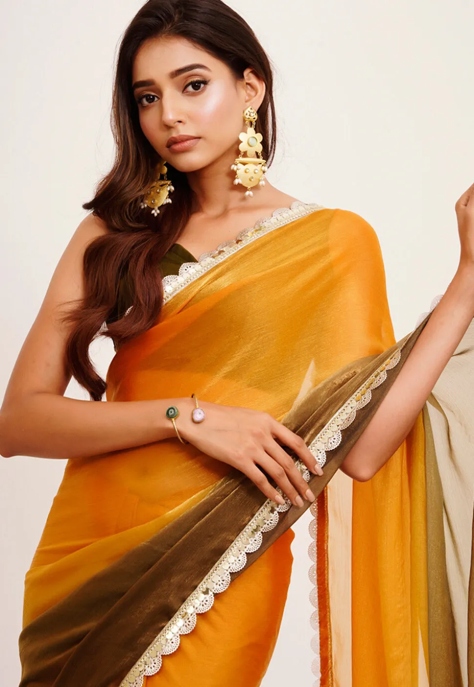 Ombre Chiffon Saree in Shaded Mustard and Olive Green